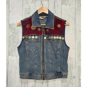 VTG 90s DKNY Jeans Embellished Western Boho Denim Vest Sz. S